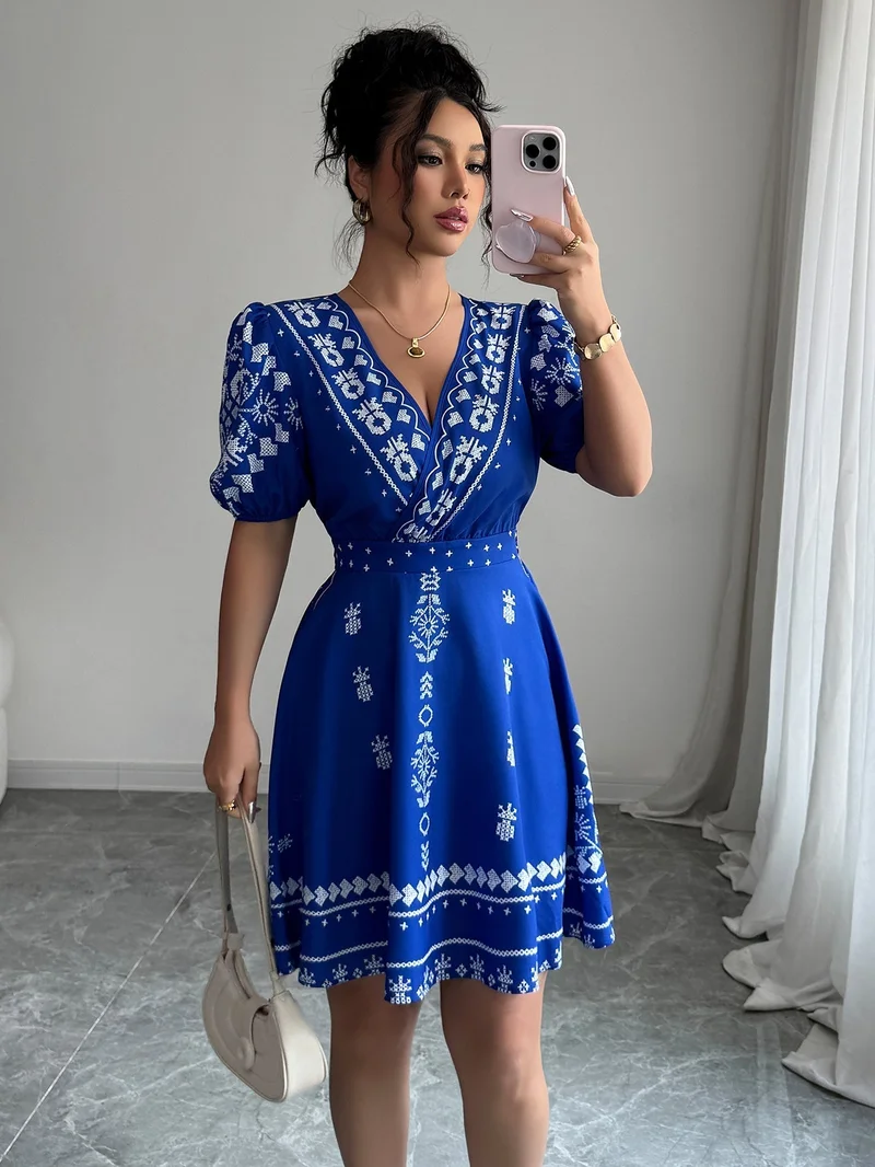 OUTZIDR  White Printed V-Neck Dress for Women | Best Price UAE
